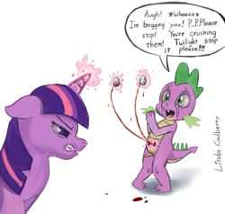 Size: 937x893 | Tagged: explicit, grimdark, grotesque, artist:linda cadberry, spike, twilight sparkle, abuse, ball busting, balls, blood, castration, cbt, crying, dragon, female, female on male, femdom, floppy ears, foalcon, g4, genital torture, glare, go to sleep garble, gritted teeth, guro, imported from derpibooru, magic, magic abuse, male, malesub, mare, nose wrinkle, nudity, open mouth, orchiectomy, out of character, penis, pony, shitposting, spikeabuse, straight, submissive, telekinesis, testicle torture, torture, twibitch sparkle, unicorn, unicorn twilight, vein, veiny balls, why, wide eyes, wingless spike, wtf