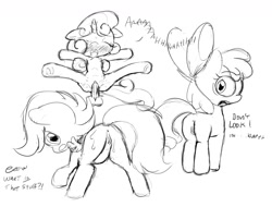Size: 1700x1294 | Tagged: explicit, artist:fairhart, apple bloom, scootaloo, sweetie belle, anus, butt, cum, cumming, cutie mark crusaders, dialogue, female, first time, foalcon, g4, imported from derpibooru, male, monochrome, nudity, plot, sex, sketch, straight, vaginal, vulva