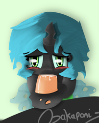 Size: 1481x1831 | Tagged: explicit, artist:bakaponi, queen chrysalis, blowjob, blushing, changeling, cheese leg sex, cute, cute porn, cutealis, drool, female, foalcon, g4, genitals, holejob, hoofjob, human, human male, human male on mare, human on changeling action, human on pony action, human penis, imported from derpibooru, interspecies, looking at you, male, mare, nudity, oral, penis, pony, sex, straight