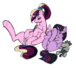 Size: 780x700 | Tagged: explicit, artist:allosaurus, artist:kevinsano edits, twilight sparkle, alicorn, blushing, edit, female, foalcon, g4, imported from derpibooru, lesbian, mare, mare on filly, masturbating together, masturbation, pony, princess cadance, sex education, ship:twidance, shipping, simple background, smarty pants, squirting, unicorn, vaginal secretions, white background