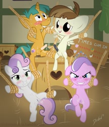 Size: 1280x1480 | Tagged: explicit, artist:devanstar, diamond tiara, sweetie belle, bondage, cum, featherweight, foalcon, frottage, g4, gay, imported from derpibooru, male, nudity, penis, public use, snails, solid air, sweat, tally marks