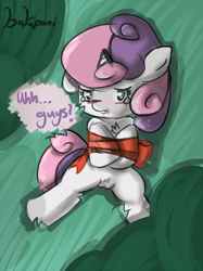 Size: 1000x1340 | Tagged: explicit, artist:bakaponi, sweetie belle, blushing, female, foalcon, g4, genitals, imported from derpibooru, nudity, on back, pony, teary eyes, vulva