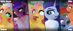 Size: 2800x1194 | Tagged: questionable, artist:snuddy, fluttershy, rainbow dash, rarity, scootaloo, 3d, advertisement, ahegao, alicorn, anthro, areola, back, backwards ballcap, banned from derpibooru, baseball cap, bedroom eyes, blender, blushing, cap, clothes, collage, dialogue, eyebrows, eyes rolling back, female, frown, grin, gritted teeth, hat, horn, imported from twibooru, lolicon, looking back, open mouth, princess cadance, smiling, text, tongue out, underage, worried, younger