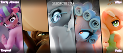Size: 2800x1194 | Tagged: suggestive, artist:snuddy, applejack, fluttershy, silver spoon, starlight glimmer, oc, 3d, advertisement, angry, anthro, back, banned from derpibooru, blender, collage, cozy glow, earth pony, female, freckles, frown, glasses, horn, imported from twibooru, jewelry, lolicon, looking at you, looking back, looking back at you, male, necklace, pearl necklace, pegasus, shotacon, shrunken pupils, smiling at you, smug, suckling, underage, unicorn, unnamed oc, younger