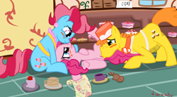 Size: 1700x935 | Tagged: explicit, artist:tiarawhy, pinkie pie, bisexual, blushing, boop, carrot cake, cunnilingus, cup cake, female, foalcon, g4, group sex, imported from derpibooru, lesbian, male, noseboop, nudity, oral, polyamory, sex, ship:cakepie, ship:carrot cup pie, ship:carrotpie, shipping, show accurate, show accurate porn, straight, threesome, vulva, young, younger