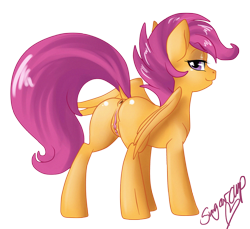 Size: 900x824 | Tagged: explicit, artist:sugarcup, scootaloo, anus, bedroom eyes, butt, dock, female, foalcon, g4, imported from derpibooru, looking at you, looking back, nudity, pegasus, plot, pony, simple background, solo, solo female, transparent background, vagina