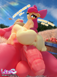 Size: 2753x3737 | Tagged: explicit, artist:snuddy, apple bloom, 3d, age difference, anthro, anus, apple, applecest, ass, balls, banned from derpibooru, barrel, big mcintosh, big penis, blender, bloom butt, blushing, bow, brother and sister, butt, cloud, dialogue, earth pony, feet, female, flaccid, food, foreskin, grinding, hay bale, huge penis, human penis, imported from twibooru, impossibly large penis, incest, lolicon, looking back, macbloom, male, nudity, older male, on back, open mouth, outdoor sex, outdoors, penis, plantigrade anthro, sex, shipping, siblings, size difference, sky, soles, squatting, straight, underage, vaginal secretions, vulva, young, younger female