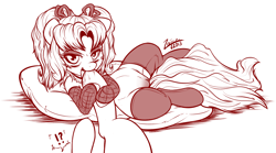 Size: 1091x607 | Tagged: explicit, artist:zajice, oc, oc:silk snare, bedroom eyes, blushing, clothes, earth pony, exclamation point, female, female focus, fetish, filly, foal, foalcon, hoof fetish, hoof licking, hoof worship, hooves, human vulva on pony, imported from derpibooru, interrobang, legwear, licking, looking at you, nudity, oc only, offspring, open mouth, pony, question mark, ribbon, semi-anthro, simple background, socks, solo focus, stockings, thigh highs, tongue out, vulva, white background