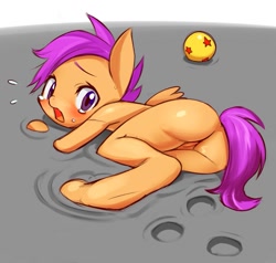 Size: 1111x1059 | Tagged: explicit, artist:iizuna, scootaloo, butt, cement, concrete, female, foalcon, g4, imported from derpibooru, pixiv, plot, solo, solo female, stuck, trapped, vagina