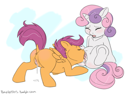 Size: 900x672 | Tagged: explicit, artist:ponyclopsasaurus, scootaloo, sweetie belle, anus, blushing, cunnilingus, eyes closed, female, filly, foal, foalcon, g4, imported from derpibooru, lesbian, licking, nudity, open mouth, oral, pegasus, pony, sex, ship:scootabelle, shipping, tongue out, unicorn, vaginal, vaginal secretions, vulva