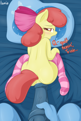 Size: 800x1200 | Tagged: explicit, artist:lamia, apple bloom, anthro, anus, bed, bedroom eyes, blue penis, blushing, bow, clothes, doggy style, earth pony, female, foalcon, futa, futa on female, futa on filly, futa pov, futa trixie, g4, hair bow, horsecock, imminent sex, imported from derpibooru, intersex, looking at you, medial ring, nudity, offscreen character, penis, pillow, pov, precum, raised tail, socks, speech, striped socks, tip tease, trixie, trixiebloom, unguligrade anthro, unicorn, vulva