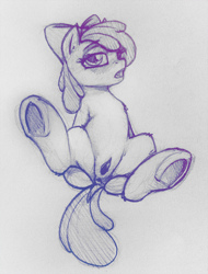 Size: 609x800 | Tagged: explicit, artist:cobaltsnow, apple bloom, anus, earth pony, female, foalcon, g4, imported from derpibooru, monochrome, pony, sketch, solo, solo female, source needed, traditional art, underhoof, vagina