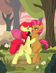 Size: 1343x1748 | Tagged: explicit, artist:zajice, apple bloom, babs seed, ahegao, applecest, babsbloom, bipedal, blushing, bondage, butt, collar, crotch rope, drool, duo, earth pony, female, foalcon, foaldom, forest, french kiss, g4, imported from derpibooru, incest, kissing, leash, lesbian, open mouth, outdoor sex, plot, pony, ship:appleseed, sloppy kissing, tongue out, vaginal secretions, wedgie