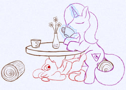 Size: 1300x933 | Tagged: explicit, artist:sengrisane, apple bloom, oc, oc:lamia, abdominal bulge, bored sex, canon x oc, casual sex, foalcon, futa, futa oc, futa on female, g4, imported from derpibooru, intersex, multitasking, nudity, oc only, penis, sex, stealth sex, table, tea, tea party, under the table, vagina