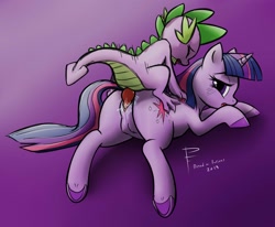 Size: 2848x2348 | Tagged: explicit, artist:lichfang, spike, twilight sparkle, backwards cutie mark, butt, colored hooves, crotchboobs, dragon, eyes closed, female, foalcon, g4, gradient background, humping, imported from derpibooru, male, mare, nipples, nudity, open mouth, penis, plot, pony, sex, ship:twispike, signature, straight, tail, tail aside, teats, unicorn, unicorn twilight, vulva