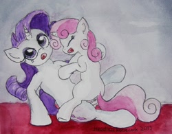 Size: 1446x1125 | Tagged: explicit, artist:headless horsecock, rarity, sweetie belle, female, foalcon, g4, imported from derpibooru, incest, lesbian, mare on filly, raricest, ship:raribelle, traditional art, tribadism