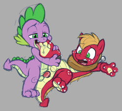Size: 1289x1164 | Tagged: explicit, artist:cobaltsynapse, spike, anal, balls, big macintosh, big subbingtosh, clawjob, dragon, dragonified, drool, duo, feet, foalcon, foot fetish, foot worship, g4, gay, handjob, imported from derpibooru, interspecies, licking foot, male, nudity, open mouth, penis, reach around, ship:spikentosh, shipping, species swap