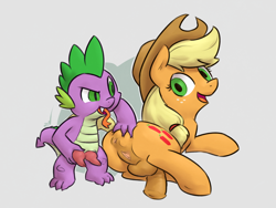Size: 1600x1200 | Tagged: explicit, artist:ponchuzn, applejack, spike, anus, balls, butt, butt grab, butt touch, dragon, earth pony, foalcon, futa, futa applejack, g4, grope, hand on butt, hemipenis, herm, imported from derpibooru, intersex, multidick, nudity, penis, plot, pony, ship:applespike, tongue out, vagina, vulva