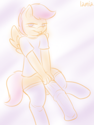 Size: 600x800 | Tagged: explicit, artist:lamia, scootaloo, anthro, big penis, clothes, cocksock, foalcon, futa, futa scootaloo, g4, imported from derpibooru, impossibly large penis, intersex, nudity, penis, penis apparel, socks, solo, solo futa, third leg, unguligrade anthro
