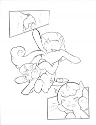 Size: 1280x1656 | Tagged: explicit, artist:cold-blooded-twilight, rarity, sweetie belle, 69 position, blushing, butt, comic, cunnilingus, female, foalcon, g4, horn, imported from derpibooru, incest, lesbian, looking pleasured, mare on filly, monochrome, open mouth, oral, plot, pony, raricest, sex, ship:raribelle, tongue out, unicorn