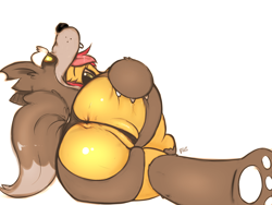 Size: 2000x1500 | Tagged: explicit, artist:terrabutt, babs seed, animal costume, anus, big babs wolf, buns seed, butt, clothes, costume, dead source, earth pony, female, foalcon, g4, hooves, imported from derpibooru, labia, nudity, on side, panties, paw pads, paw print hooves, paws, plot, pony, presenting, pussy floss, pussy peek, simple background, solo, solo female, spreading, thong, underwear, useless clothing, vulva, wardrobe malfunction, wolf costume