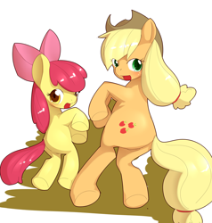 Size: 953x1000 | Tagged: explicit, artist:tnmrhd0, apple bloom, applejack, butt, duo, earth pony, female, filly, foal, foalcon, g4, imported from derpibooru, mare, nudity, plot, pony, simple background, vulva