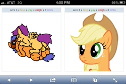Size: 960x640 | Tagged: explicit, artist:caitsith511, applejack, scootaloo, balls, butt, edit, exploitable meme, female, foalcon, g4, imported from derpibooru, juxtaposition, juxtaposition win, meta, nudity, pegasus, penis, plot, pony