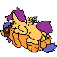 Size: 200x200 | Tagged: explicit, artist:caitsith511, scootaloo, oc, oc:bit goggles, animated, canon x oc, female, foalcon, g4, imported from derpibooru, kissing, male, power bottom, reverse missionary position, sex, straight