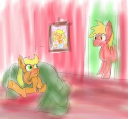 Size: 614x573 | Tagged: explicit, artist:danadyu, applejack, big macintosh, caught, earth pony, foalcon, g4, imported from derpibooru, male, masturbation, pony, stallion, younger