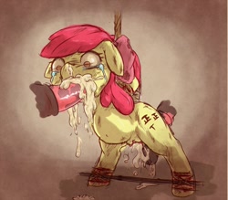 Size: 800x700 | Tagged: explicit, grimdark, apple bloom, abuse, applebuse, artist needed, belly button, blood, blowjob, bondage, crying, cum, cum dump, cum inflation, disembodied penis, female, foalcon, g4, imported from derpibooru, male, maledom, nudity, oral, penis, pregnant, public use, rape, sex, slave, spreader bar, straight, tally marks, vagina