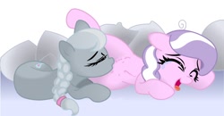 Size: 1748x909 | Tagged: explicit, artist:theofficialwheel, diamond tiara, silver spoon, color edit, colored, crotchboobs, cunnilingus, delicious flat crotch, edit, female, foalcon, g4, imported from derpibooru, lesbian, missing accessory, nipples, nudity, ship:silvertiara, shipping, softcore, teary eyes, teats, tickling