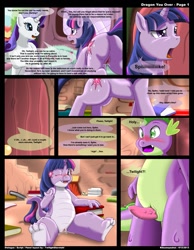 Size: 1165x1500 | Tagged: explicit, artist:kitsuneyoukai, rarity, spike, twilight sparkle, comic:dragon you over, anatomically incorrect, comic, dragon, dragonified, estrus, female, foalcon, frontgina, g4, human vulva on pony, imported from derpibooru, male, nudity, penis, pony, ship:twispike, shipping, species swap, straight, twilidragon, vulva, why