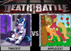 Size: 680x486 | Tagged: explicit, applejack, princess celestia, shining armor, twilight sparkle, applecest, balls, big macintosh, cum, death battle, double incest, earth pony, edit, foalcon, g4, imported from derpibooru, incest, male, meta, nudity, penis, pony, sex, ship:applemac, ship:shiningsparkle, stallion, straight, twicest