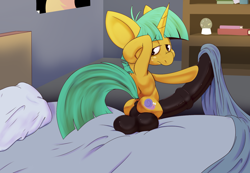 Size: 1280x887 | Tagged: explicit, artist:sb, anus, arm behind head, balls, bed, big penis, foalcon, g4, horsecock, hyper, hyper snails, imported from derpibooru, impossibly large balls, impossibly large penis, male, morning ponies, morning wood, nudity, penis, semi-anthro, snails, solo, solo male, taint, tired