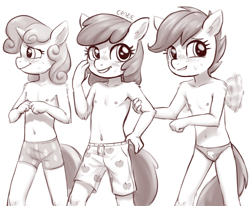 Size: 2955x2437 | Tagged: questionable, artist:crade, apple bloom, scootaloo, sweetie belle, anthro, banned from derpibooru, blushing, blushing profusely, breasts, clothes, crossdressing, cutie mark, cutie mark crusaders, cutie mark on clothes, delicious flat chest, earth pony, embarrassed, explicit source, female, fluttering, grin, imported from twibooru, lolicon, male swimwear challenge, missing accessory, monochrome, nervous, nervous grin, nervous sweat, nipples, nudity, partial nudity, pegasus, sketch, small breasts, smiling, speedo, swimming trunks, swimsuit, topless, trio, trio female, underage, unicorn