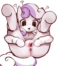 Size: 1552x1747 | Tagged: explicit, artist:iizuna, sweetie belle, anus, censor bar, censored, female, firecracker, foalcon, g4, imported from derpibooru, insertion, nudity, pixiv, pointless censoring, pony, simple background, solo, solo female, spreading, this will end in tears, underhoof, unusual insertion, urethra, vagina, vaginal insertion, vaginamite, vulva