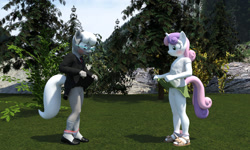 Size: 2400x1440 | Tagged: questionable, artist:jawolfadultishart, silver spoon, sweetie belle, 3d, anthro, banned from derpibooru, blushing, clothes, daz studio, earth pony, female, imported from twibooru, lolicon, not sfm, panties, panties around legs, panties pulled down, plantigrade anthro, sandals, shoes, showing pussy, skirt, skirt lift, socks, underage, underwear, unicorn