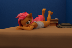 Size: 2160x1440 | Tagged: questionable, artist:jawolfadultishart, babs seed, 3d, anthro, banned from derpibooru, barefoot, bed, bottomless, clothes, crossed arms, daz studio, earth pony, feet, female, imported from twibooru, lolicon, looking at you, lying down, not sfm, on bed, partial nudity, plantigrade anthro, pony, shirt, solo, solo female, underage, undershirt