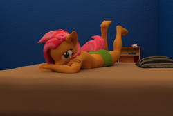 Size: 2160x1440 | Tagged: suggestive, artist:jawolfadultishart, babs seed, 3d, anthro, banned from derpibooru, barefoot, bed, clothes, crossed arms, daz studio, earth pony, feet, female, green panties, imported from twibooru, lolicon, looking at you, lying down, not sfm, on bed, panties, partial nudity, plantigrade anthro, pony, solo, solo female, topless, underage, underwear