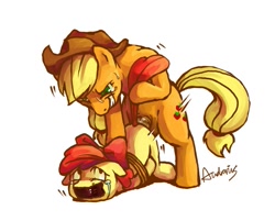 Size: 655x526 | Tagged: explicit, grimdark, artist:audrarius, apple bloom, applejack, age difference, ass up, betrayal, bondage, clothes, crying, doggy style, duo, earth pony, face down ass up, filly, floppy ears, foal, foalcon, from behind, futa, futa applejack, futa on female, futa on filly, g4, gag, grin, hat, imported from derpibooru, incest, intersex, looking back, nudity, penis, pony, rape, scared, sex, siblings, signature, simple background, sisters, size difference, smiling, sweat, tail pull, tape, tape gag, tears of pain, teary eyes, tied up, white background, wide eyes