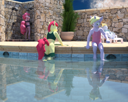 Size: 2400x1920 | Tagged: questionable, artist:jawolfadultishart, apple bloom, pinkie pie, 3d, anthro, banned from derpibooru, barefoot, beach chair, butt, clothes, daz studio, derpy hooves, dinky hooves, earth pony, feet, female, imported from twibooru, lolicon, looking down, missing accessory, not sfm, one-piece swimsuit, pantsing, pegasus, plantigrade anthro, shower, story included, sunbathing, swimming pool, swimsuit, two-piece swimsuit, underage, unicorn, wardrobe malfunction