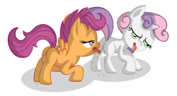 Size: 1100x600 | Tagged: explicit, scootaloo, sweetie belle, anus, artist needed, female, foalcon, g4, imported from derpibooru, lesbian, licking, ship:scootabelle, shipping, vagina, vaginal secretions