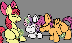 Size: 500x300 | Tagged: explicit, artist:candycoats, apple bloom, scootaloo, sweetie belle, cutie mark crusaders, earth pony, foalcon, futa, futa apple bloom, futa on futa, futa scootaloo, g4, imported from derpibooru, intersex, magicjob, nudity, pegasus, penis, pony, simple background, unicorn