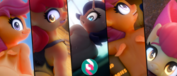 Size: 2800x1194 | Tagged: suggestive, artist:snuddy, apple bloom, rarity, scootaloo, 3d, advertisement, anthro, banned from derpibooru, banner, blender, blushing, bow, clothes, collage, earth pony, eyebrows, female, imported from twibooru, leotard, lolicon, looking at you, looking back, looking back at you, looking up, open mouth, open smile, pegasus, sky, squatting, sweat, sweatdrop, tooth gap, twerking, underage, unicorn, wings, younger