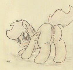Size: 745x712 | Tagged: explicit, artist:slightlyshade, scootaloo, anus, crotchboobs, delicious flat crotch, female, foalcon, g4, imported from derpibooru, nipples, nudity, pony, presenting, solo, solo female, teats, traditional art, vagina