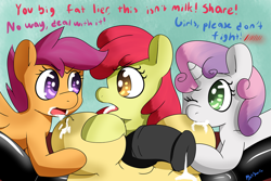 Size: 1500x1000 | Tagged: explicit, artist:boltswift, apple bloom, scootaloo, sweetie belle, oc, oc:milky way, big crotchboobs, breastfeeding, canon x oc, clothes, crotchboobs, cum, cum on body, cutie mark crusaders, foalcon, futa, futa milky way, futa oc, futa pov, g4, grope, huge crotchboobs, implied blowjob, implied oral, implied sex, imported from derpibooru, impossibly large crotchboobs, intersex, lactation, latex, leaking, legwear, milk, milk is jizz, milk moustache, nipples, not milk, nudity, offscreen character, penis, pov, suckling, thigh highs, tongue out