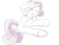 Size: 1462x1118 | Tagged: explicit, artist:sip, sweetie belle, anus, bedroom eyes, blushing, female, foalcon, g4, imported from derpibooru, nudity, pony, presenting, solo, solo female, underhoof, vagina, vaginal secretions, vulva