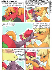 Size: 1280x1766 | Tagged: explicit, artist:tofutron, apple bloom, applejack, 180 penis, announcing ejaculation, applecest, big macintosh, bisexual, blowjob, blushing, brother and sister, comic, cum, double blowjob, drool, earth pony, female, foalcon, g4, group sex, imported from derpibooru, incest, lesbian, male, male pov, multiple blowjob, nudity, offscreen character, oral, penis, polyamory, pony, pov, sex, sex education, sex practice, ship:applemac, ship:applemacbloom, ship:macbloom, shipping, siblings, straight, sweat, text, threesome
