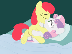 Size: 3200x2400 | Tagged: explicit, artist:dtcx97, apple bloom, sweetie belle, anus, bed, blanket, earth pony, female, filly, foal, foalcon, g4, hooves, imported from derpibooru, kiss on the lips, kissing, lesbian, missing accessory, nudity, pillow, pony, ship:sweetiebloom, shipping, simple background, unicorn, vaginal secretions, vulva