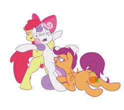 Size: 1700x1500 | Tagged: explicit, artist:crade, apple bloom, scootaloo, sweetie belle, ahegao, anus, belly button, bow, carrot, carrot insertion, cunnilingus, cutie mark crusaders, dildo, earth pony, female, filly, foal, foalcon, food, g4, group sex, hair bow, hooves, imported from derpibooru, insertion, lesbian, nudity, open mouth, pegasus, pony, sex, sex toy, simple background, this will end in yeast infection, threesome, tongue out, unicorn, vaginal foodplay, vaginal insertion, vibrator, vulva, white background